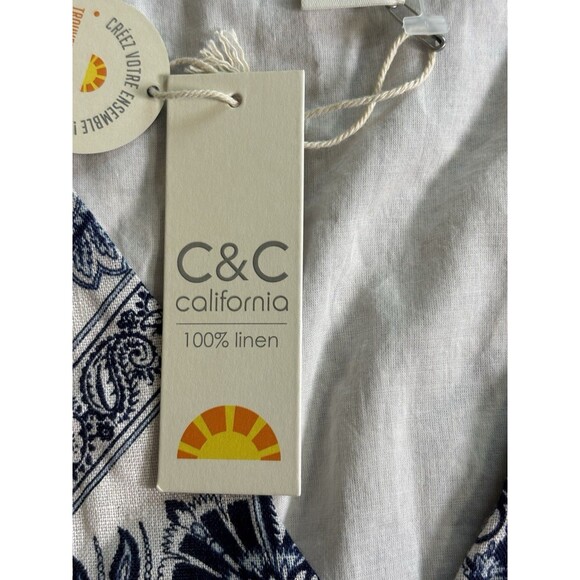 C&C California 100% Linen Top Womens Sz M Blue & White Crop Boho Coastal NWT - Picture 6 of 7